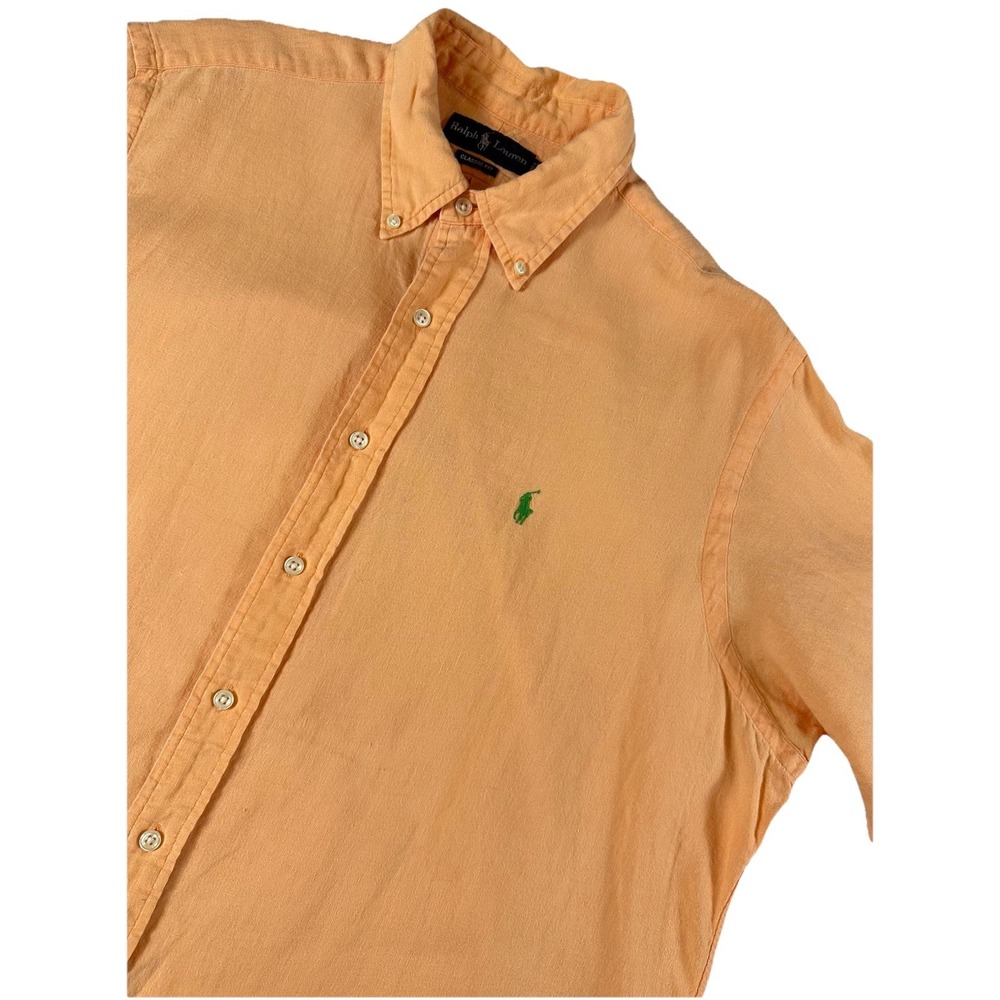 Vtg‎ Ralph Lauren 100% Linen Shirt Mens XL Orange/Peach Classic Fit Short Sleeve